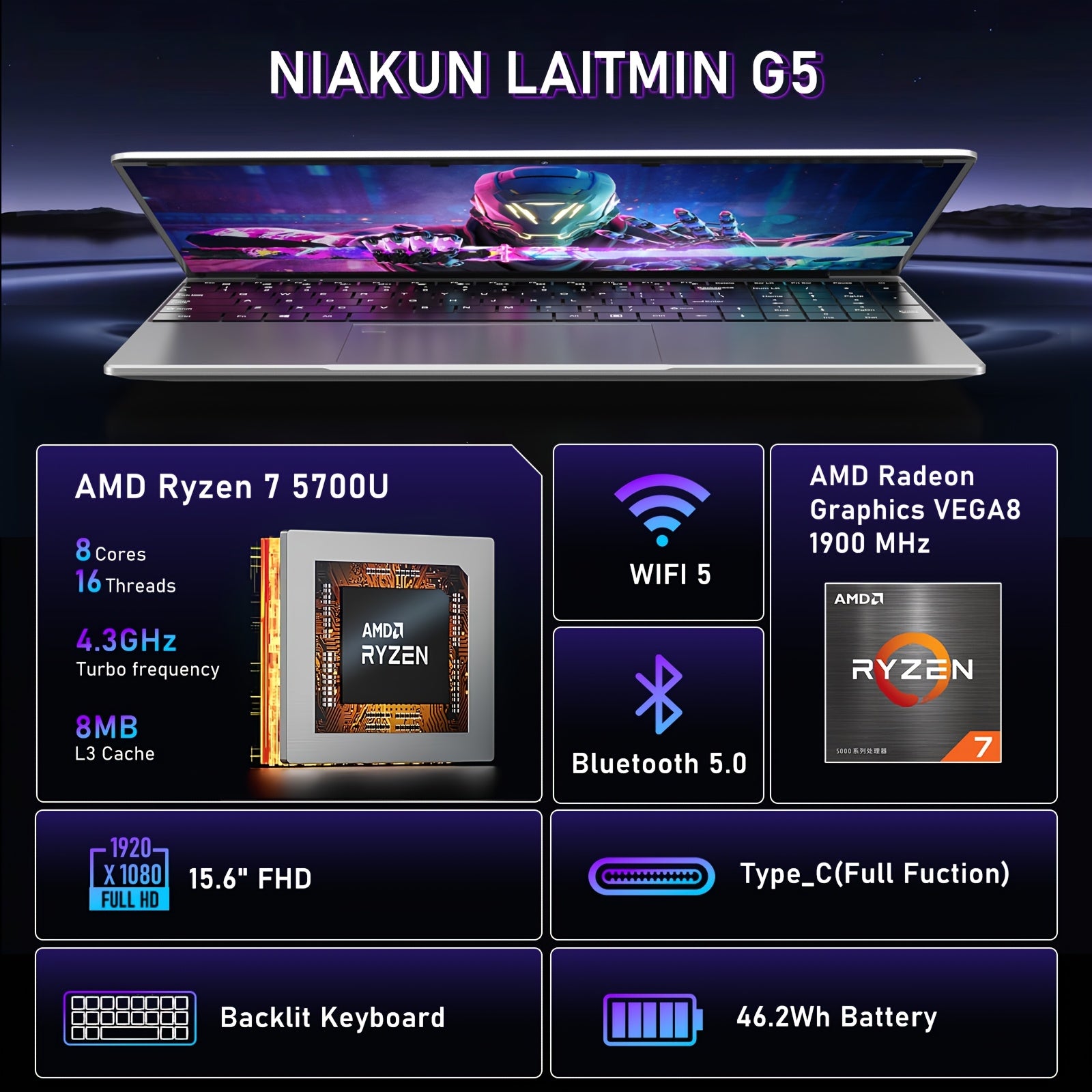 NIAKUN 15.6 Inch Laptop Computer, Gaming Laptop, AMD Ryzen 7 5700U 8C/16T Processor (up To 4.3Ghz), 16GB RAM 1TB SSD, AMD Radeon Graphics, 15.6" FHD 1920 * 1080 Display, WiFi 5, BT5.0, Backlit Keyboard