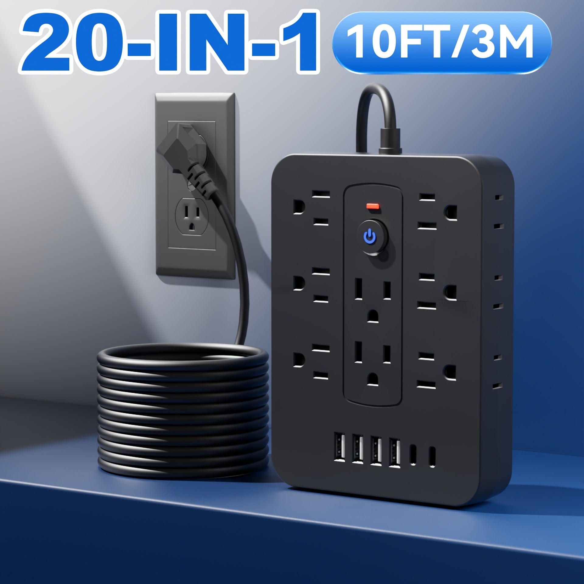 20in 1 power strip with surge protection, including 14 AC sockets, 6 USB ports (including 2 Type-C), overload protection, extension cord with USB ports, power board surge protector, USB wall plug with multiple sockets, multi