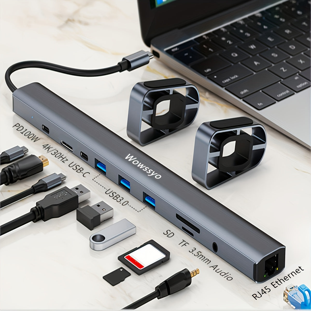 Wowssyo USB C Docking Station, 10in 1 Triple Display USB C Hub with 4KHDTV+PD 100W+RJ45 Ethernet+SD/TF +Audio+ USB 3.0, for MacBook & Windows