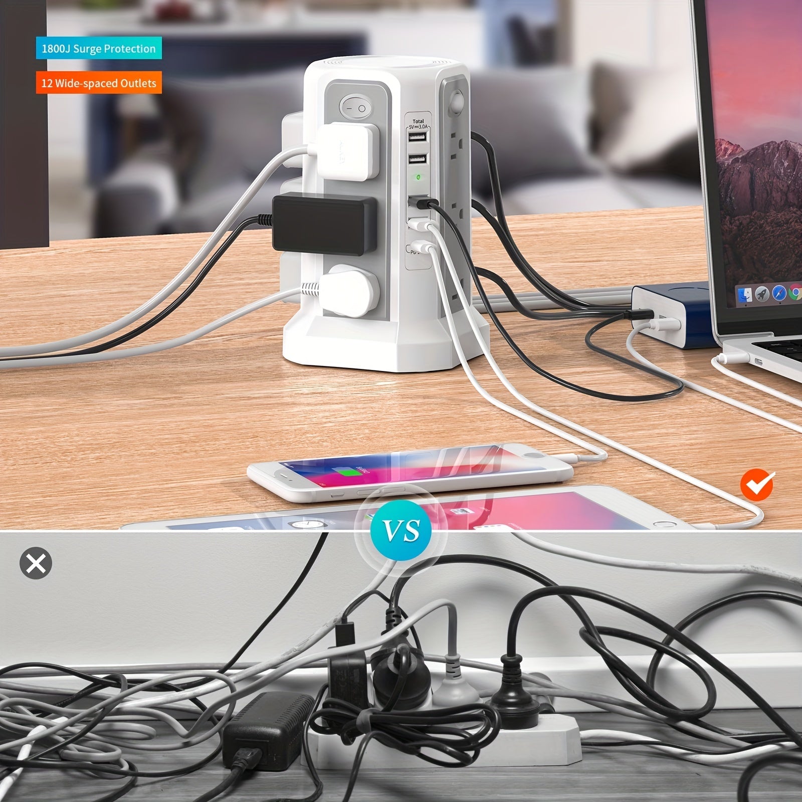PASSUS 10ft Surge Protector Power Strip with USB C Ports - 12 AC Outlets, 5 USB Charging Ports, 18W PD Support, 125V US Plug, Compact Design for Home Office Dorm, Surge Protection, Rectangular Shape, Dorm Room Essentials, Mod