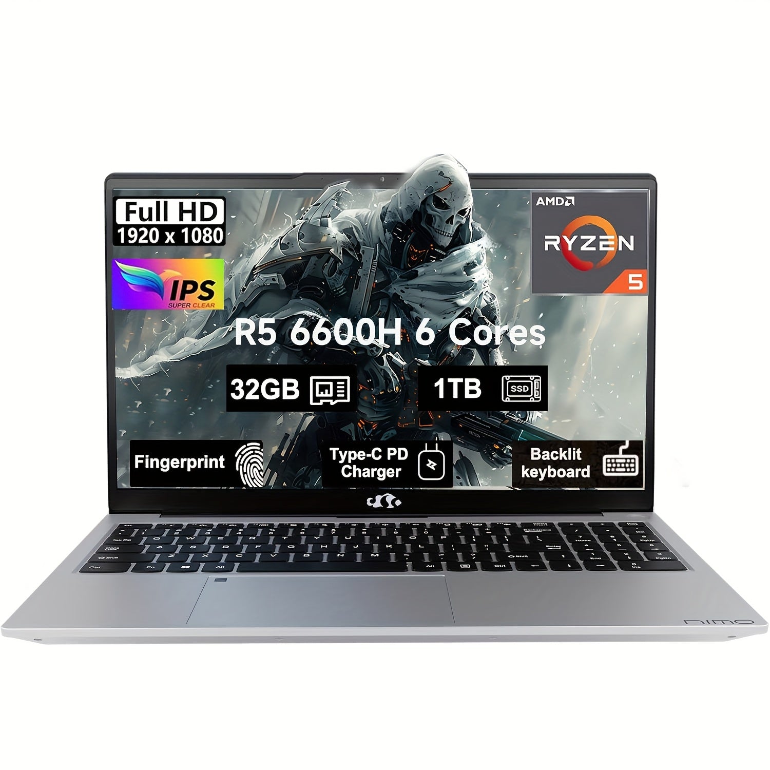 15.6 Gaming-Laptop, 6-Cores AMD Ryzen 5 6600H 660m 6nm GPU, 32GB DDR5 1TB SSD 100W Type-C FHD IPS Business-Laptop-Computer with Fingerprint Backlit Keyboard WiFi5