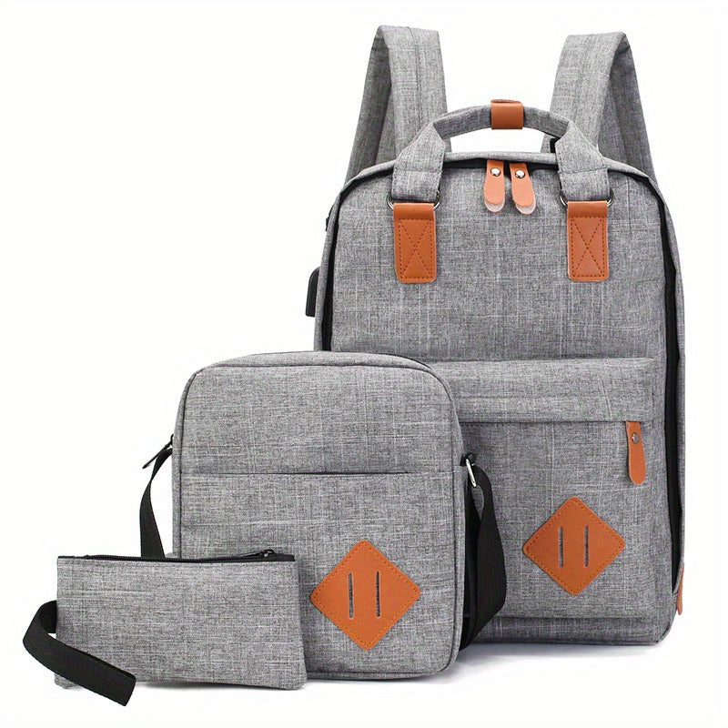 3-Pcs Business Travel Computer Bag, Fashionable Casual Multi-functional Large Capacity Shoulder Bag with USB Charging Port, Daily Commuting Simple Single Shoulder Crossbody Bag, Portable Travel Handbag/ Makeup Bag/ Headphone