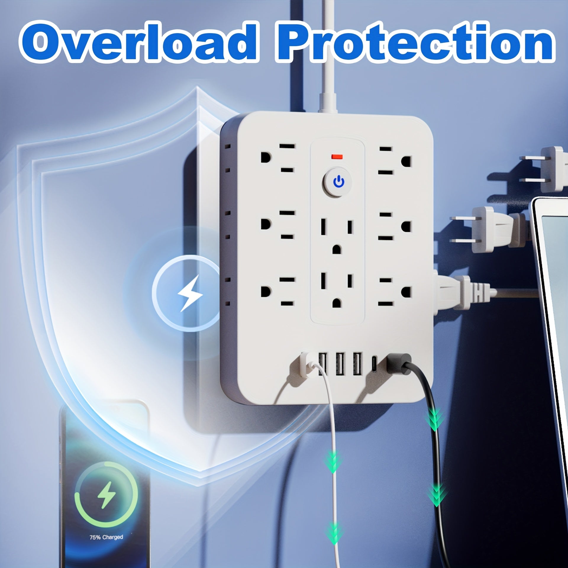 20in 1 power strip with surge protection, including 14 AC sockets, 6 USB ports (including 2 Type-C), overload protection, extension cord with USB ports, power board surge protector, USB wall plug with multiple sockets, multi