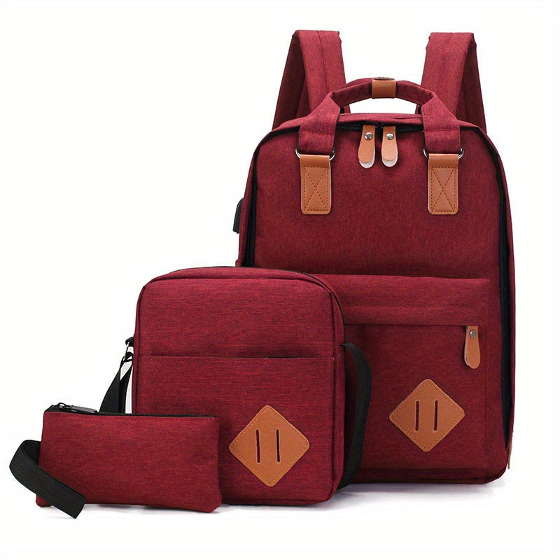 3-Pcs Business Travel Computer Bag, Fashionable Casual Multi-functional Large Capacity Shoulder Bag with USB Charging Port, Daily Commuting Simple Single Shoulder Crossbody Bag, Portable Travel Handbag/ Makeup Bag/ Headphone