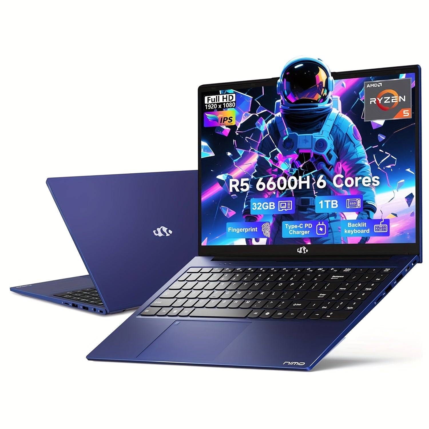 15.6" IPS FHD Gaming Laptop, AMD Ryzen 5 6600H 6-Cores 660m GPU 32GB DDR5 RAM 1TB SSD (Beat I7-1165G7, Up to 4.5GHz)Computer with 100W GaN Type C Fingerprint Backlit Keyboard Wi-Fi6 Business Laptop (Blue/Red/Silvery)