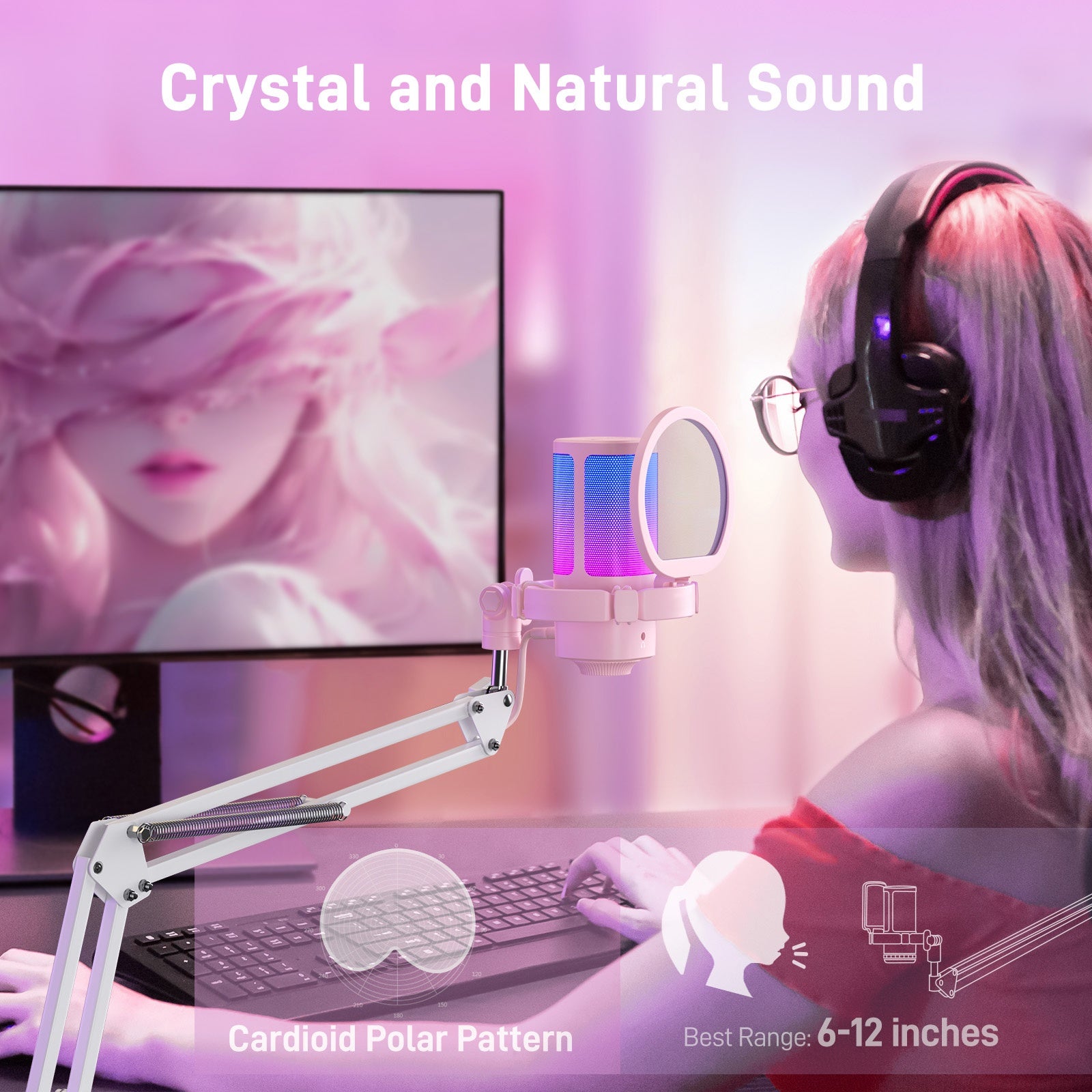 Gaming USB Microphone with RGB Lighting & Adjustable Boom Arm - Noise Cancelling PC/PS4/PS5 Mic, Mute Button & Gain Knob for Streaming, Podcasting, Discord, Twitch - USB-C Computer Accessory, Microphone for Pc, Sleek Mic Desi