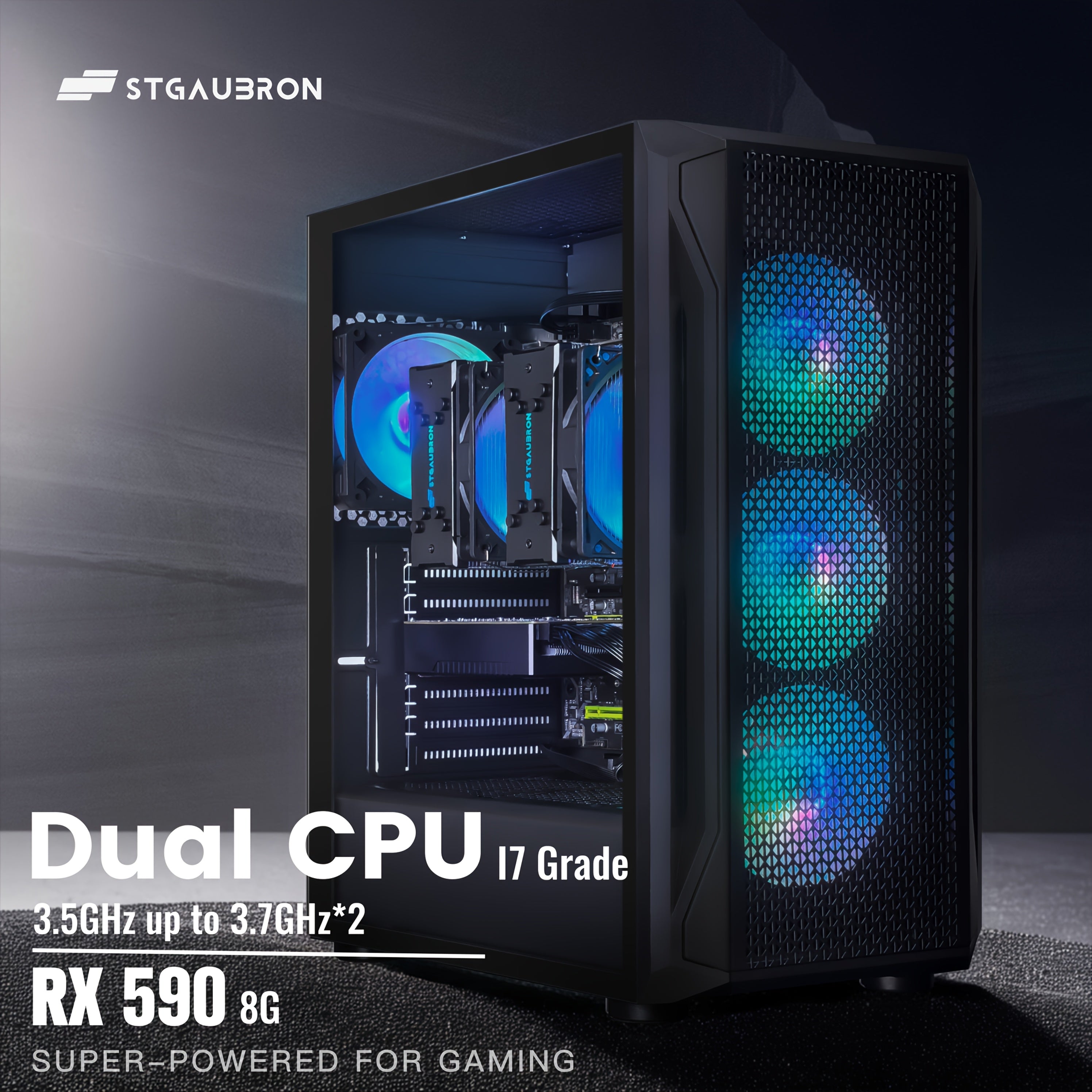 STGAubron Gaming PC Computer Desktop, Radeon RX 590 8G, Dual I7 Xeon E5 Up to 3.7GHz, 16G DDR4, 512G SSD, 600m WiFi, Wireless 5.0, RGB Fan X 4, RGB Mouse Pad, Windows 10 Pro