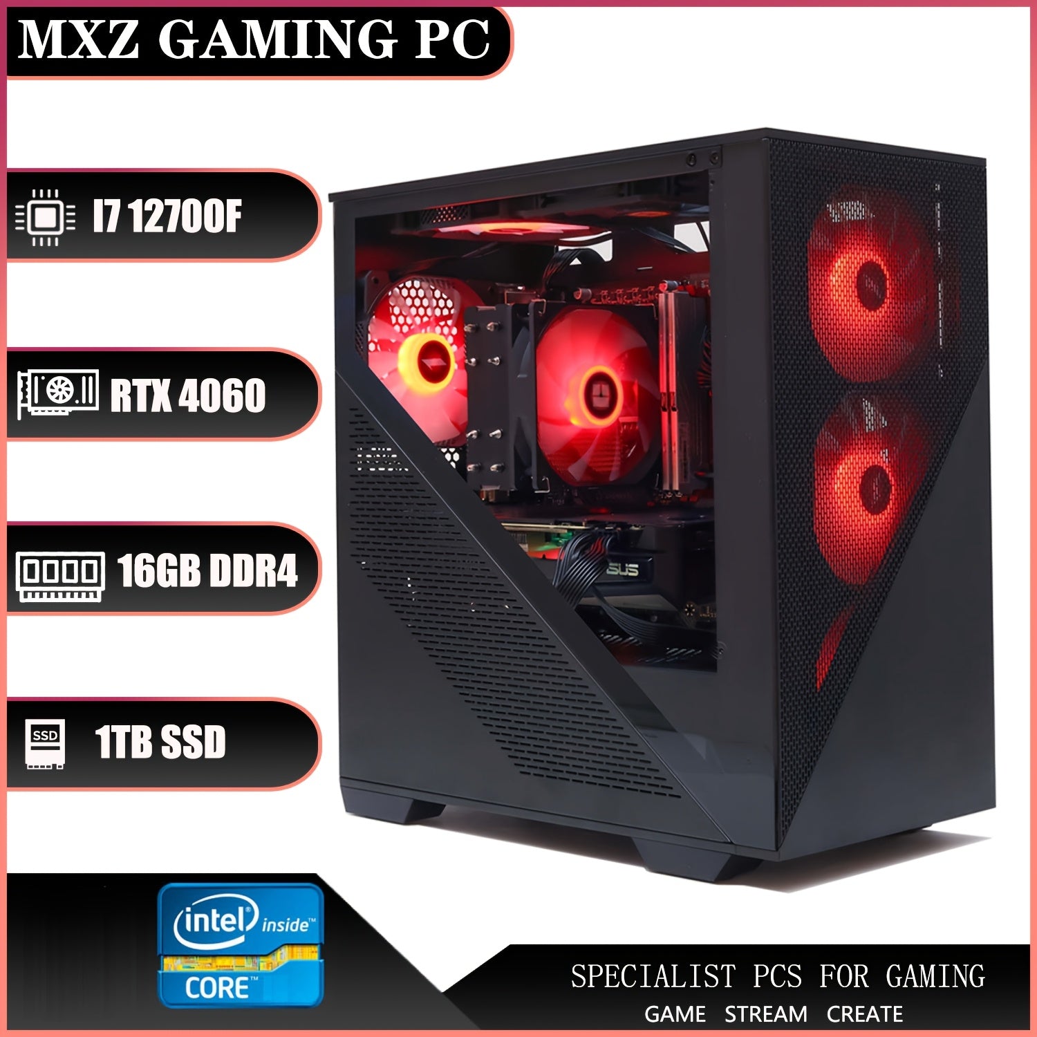 MXZ Gaming Desktop PC, Intel Core I7 12700F, GeForce RTX 4070, Gaming PC, 32GB(16GB*2) DDR4 3200MHz, NVME M2 1 TB, 6RGB Fans, Gamer Desktop Computer (I7 12700F| RTX4070)