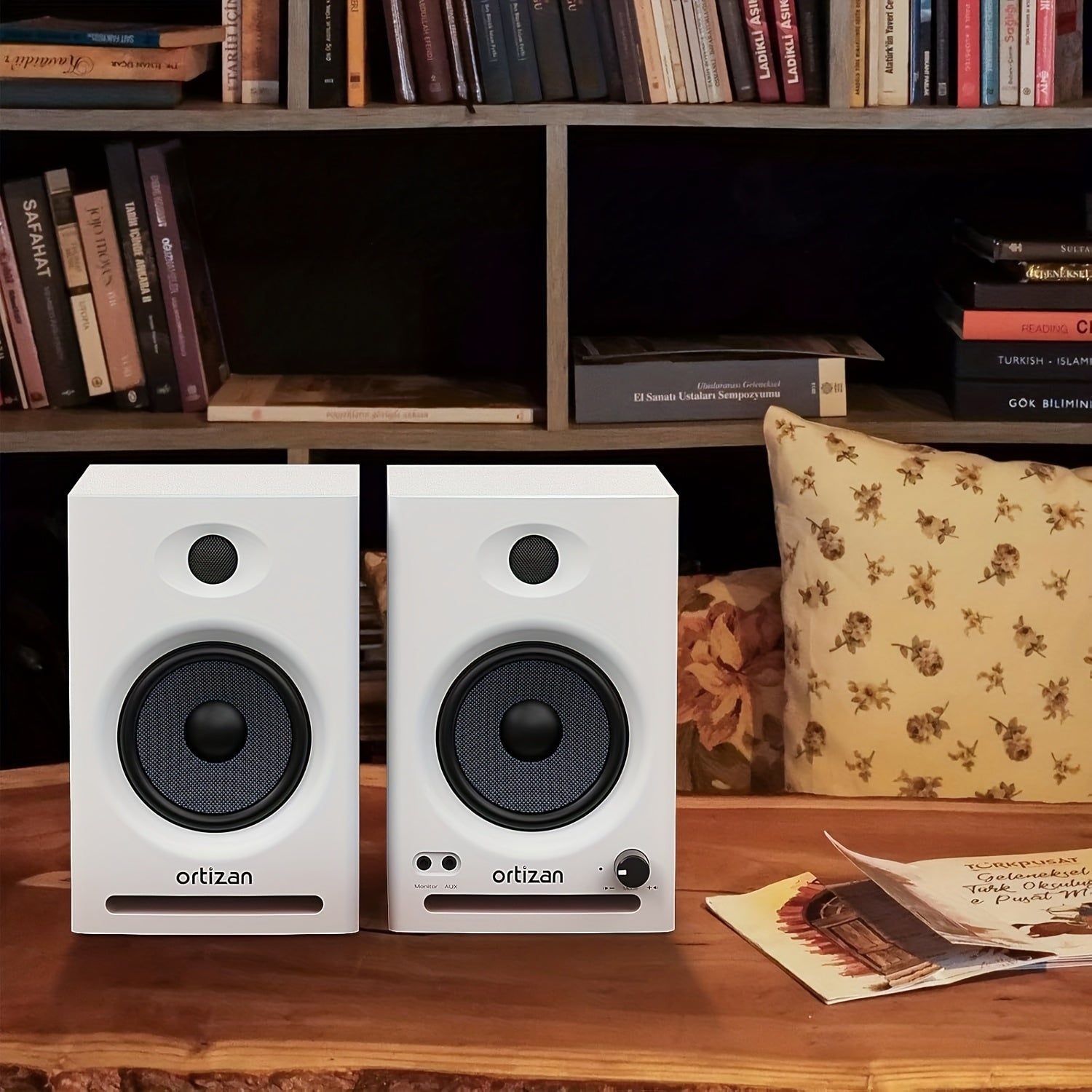 Ortizan C7 Dual-mode Wireless Computer Monitor Game Bookshelf Speaker, Wireless 5.3, 2.0 Recording Studio Monitor, Active Monitoring Speaker for Near-field Music Production. Pair, White/Black, ORTIZAN