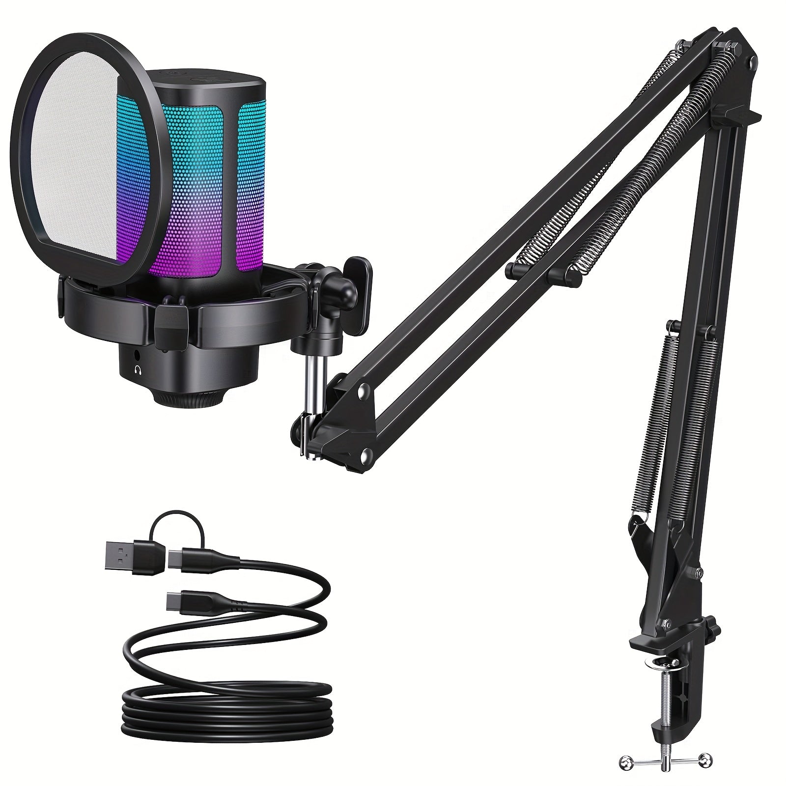 Gaming USB Microphone with RGB Lighting & Adjustable Boom Arm - Noise Cancelling PC/PS4/PS5 Mic, Mute Button & Gain Knob for Streaming, Podcasting, Discord, Twitch - USB-C Computer Accessory, Microphone for Pc, Sleek Mic Desi