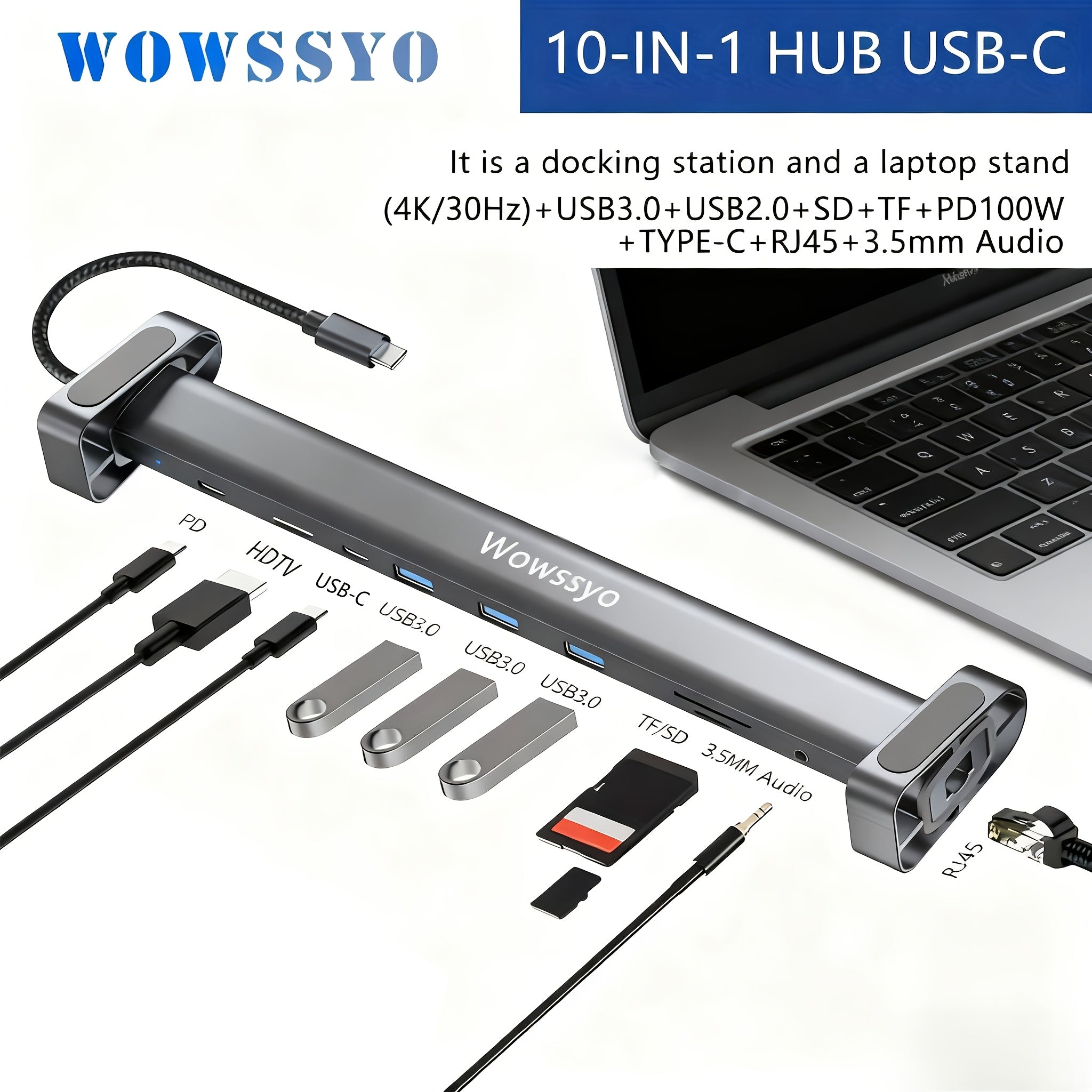 Wowssyo USB C Docking Station, 10in 1 Triple Display USB C Hub with 4KHDTV+PD 100W+RJ45 Ethernet+SD/TF +Audio+ USB 3.0, for MacBook & Windows