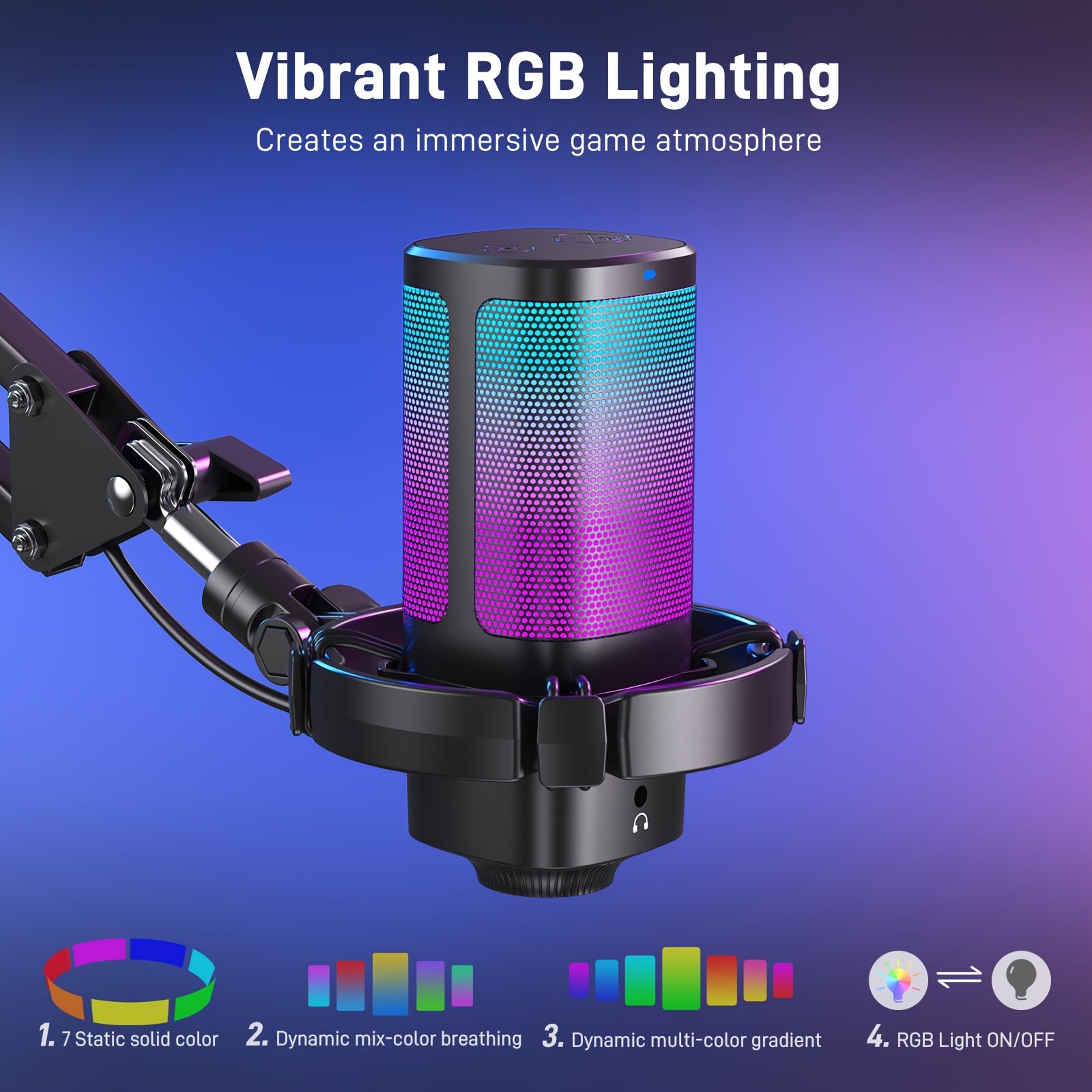 Gaming USB Microphone with RGB Lighting & Adjustable Boom Arm - Noise Cancelling PC/PS4/PS5 Mic, Mute Button & Gain Knob for Streaming, Podcasting, Discord, Twitch - USB-C Computer Accessory, Microphone for Pc, Sleek Mic Desi
