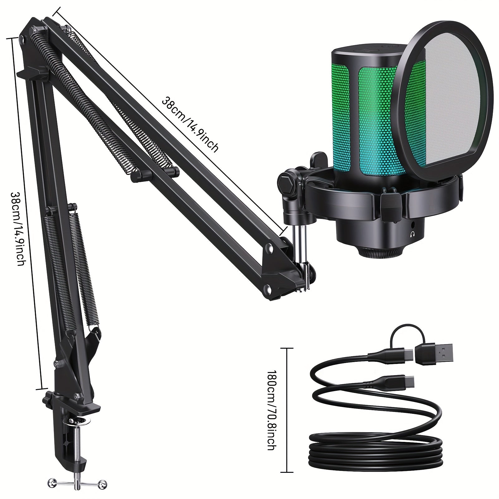 Gaming USB Microphone with RGB Lighting & Adjustable Boom Arm - Noise Cancelling PC/PS4/PS5 Mic, Mute Button & Gain Knob for Streaming, Podcasting, Discord, Twitch - USB-C Computer Accessory, Microphone for Pc, Sleek Mic Desi