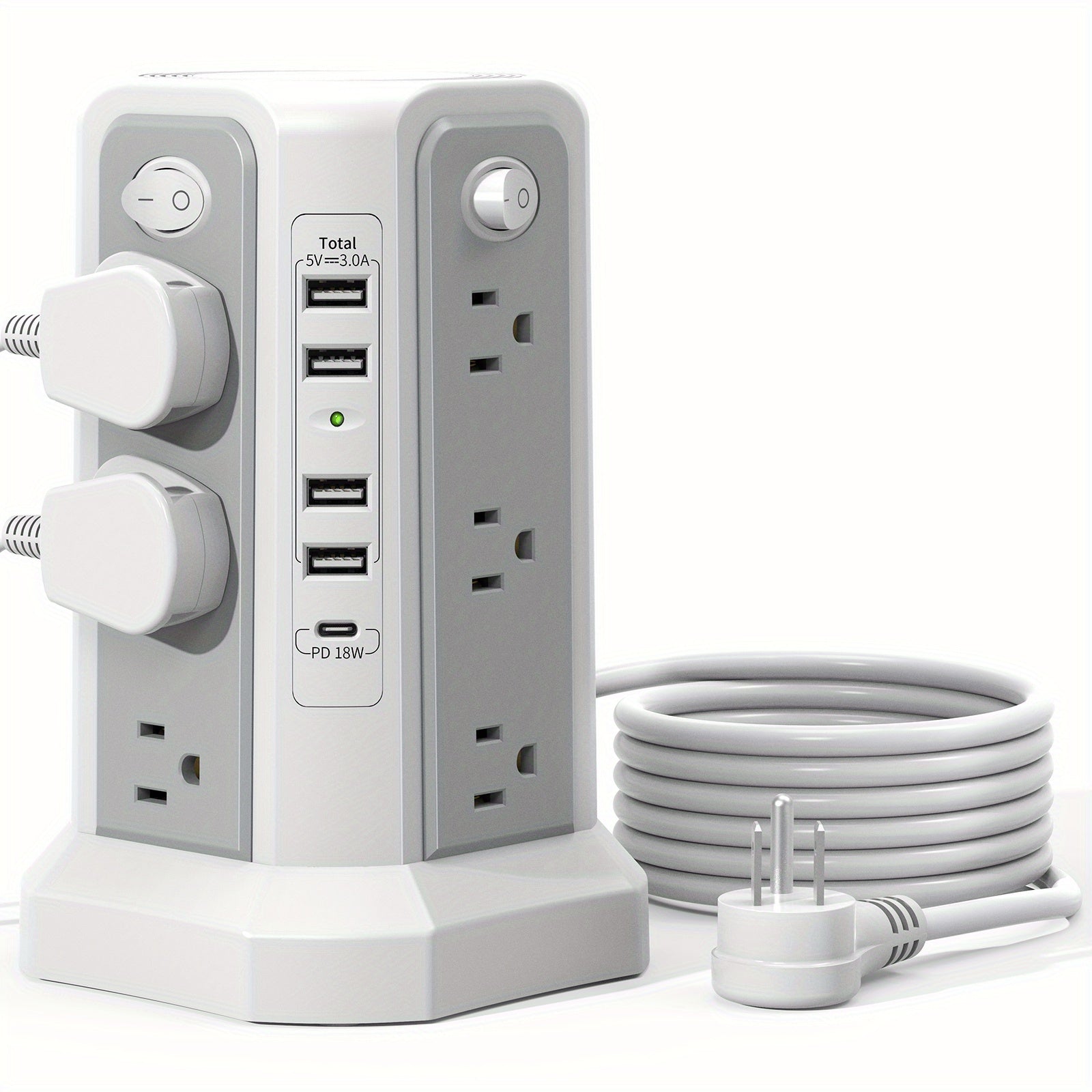 PASSUS 10ft Surge Protector Power Strip with USB C Ports - 12 AC Outlets, 5 USB Charging Ports, 18W PD Support, 125V US Plug, Compact Design for Home Office Dorm, Surge Protection, Rectangular Shape, Dorm Room Essentials, Mod