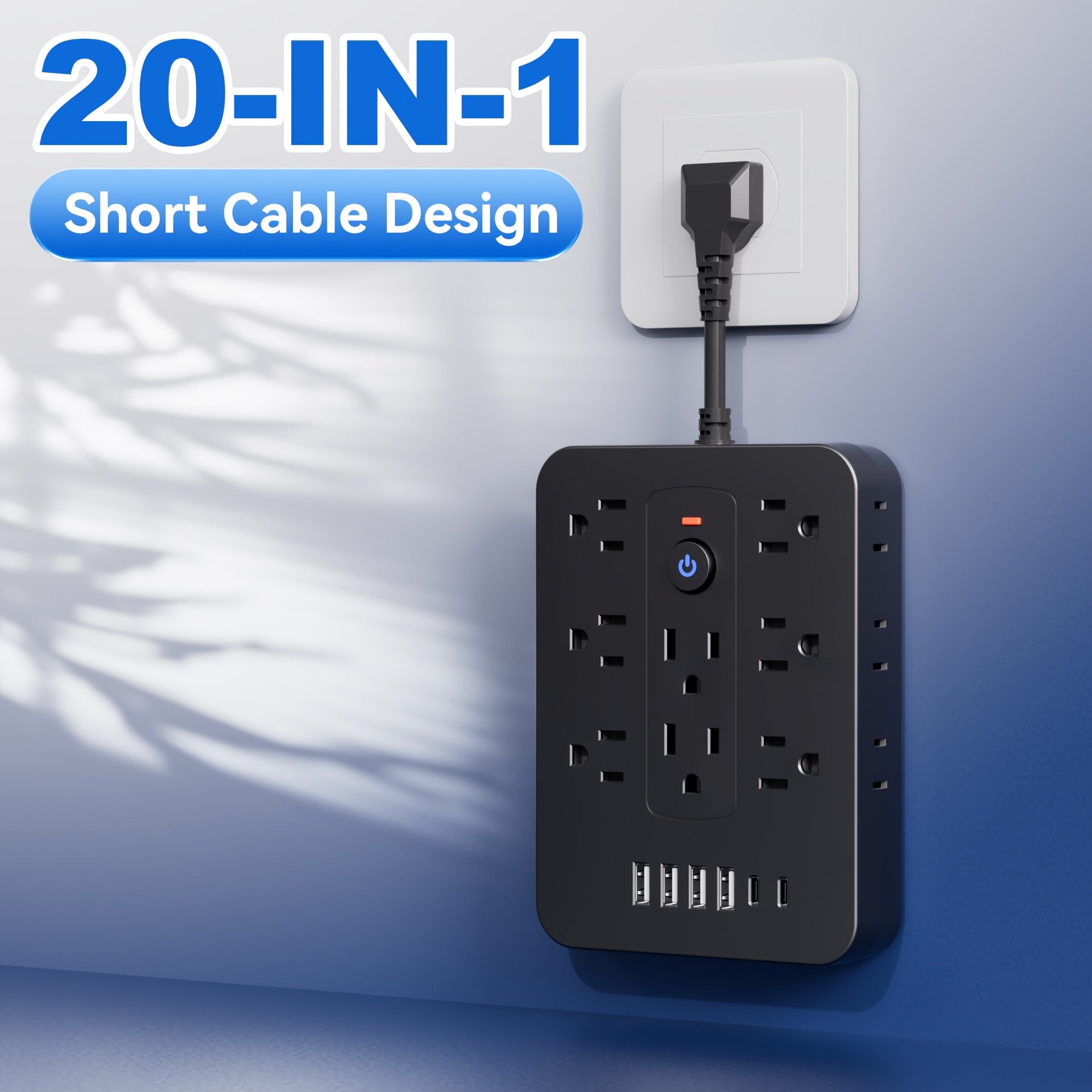 20in 1 power strip with surge protection, including 14 AC sockets, 6 USB ports (including 2 Type-C), overload protection, extension cord with USB ports, power board surge protector, USB wall plug with multiple sockets, multi