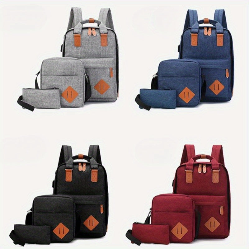 3-Pcs Business Travel Computer Bag, Fashionable Casual Multi-functional Large Capacity Shoulder Bag with USB Charging Port, Daily Commuting Simple Single Shoulder Crossbody Bag, Portable Travel Handbag/ Makeup Bag/ Headphone