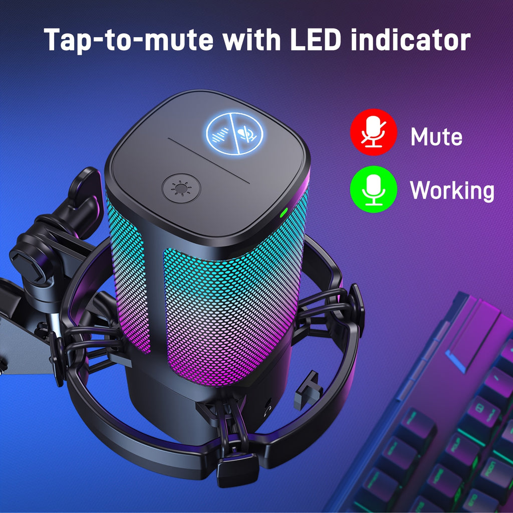 Gaming USB Microphone with RGB Lighting & Adjustable Boom Arm - Noise Cancelling PC/PS4/PS5 Mic, Mute Button & Gain Knob for Streaming, Podcasting, Discord, Twitch - USB-C Computer Accessory, Microphone for Pc, Sleek Mic Desi