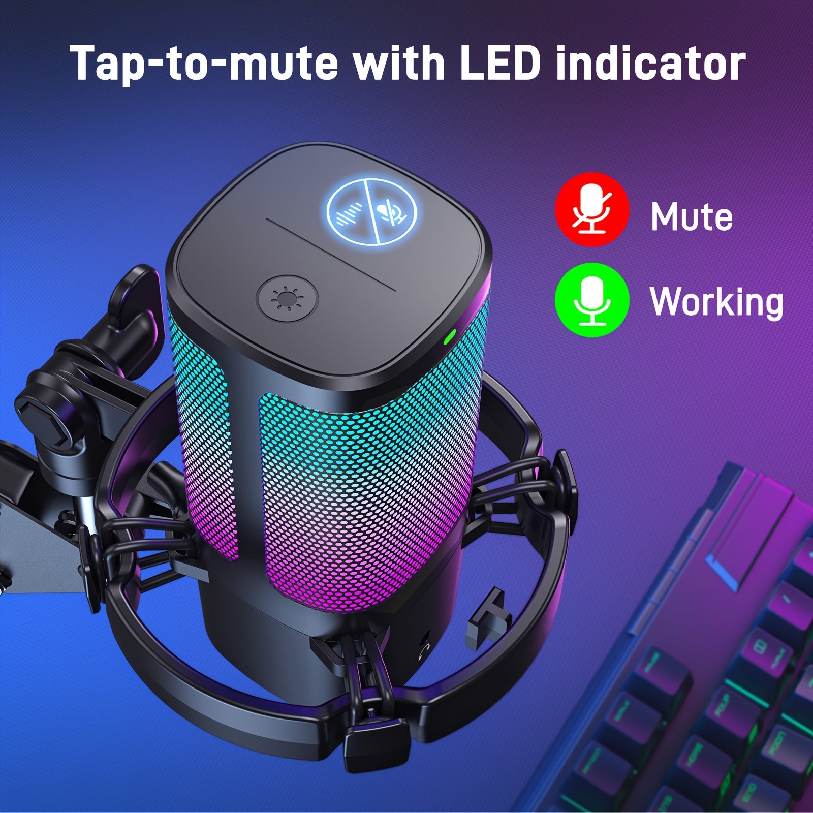 Gaming USB Microphone with RGB Lighting & Adjustable Boom Arm - Noise Cancelling PC/PS4/PS5 Mic, Mute Button & Gain Knob for Streaming, Podcasting, Discord, Twitch - USB-C Computer Accessory, Microphone for Pc, Sleek Mic Desi