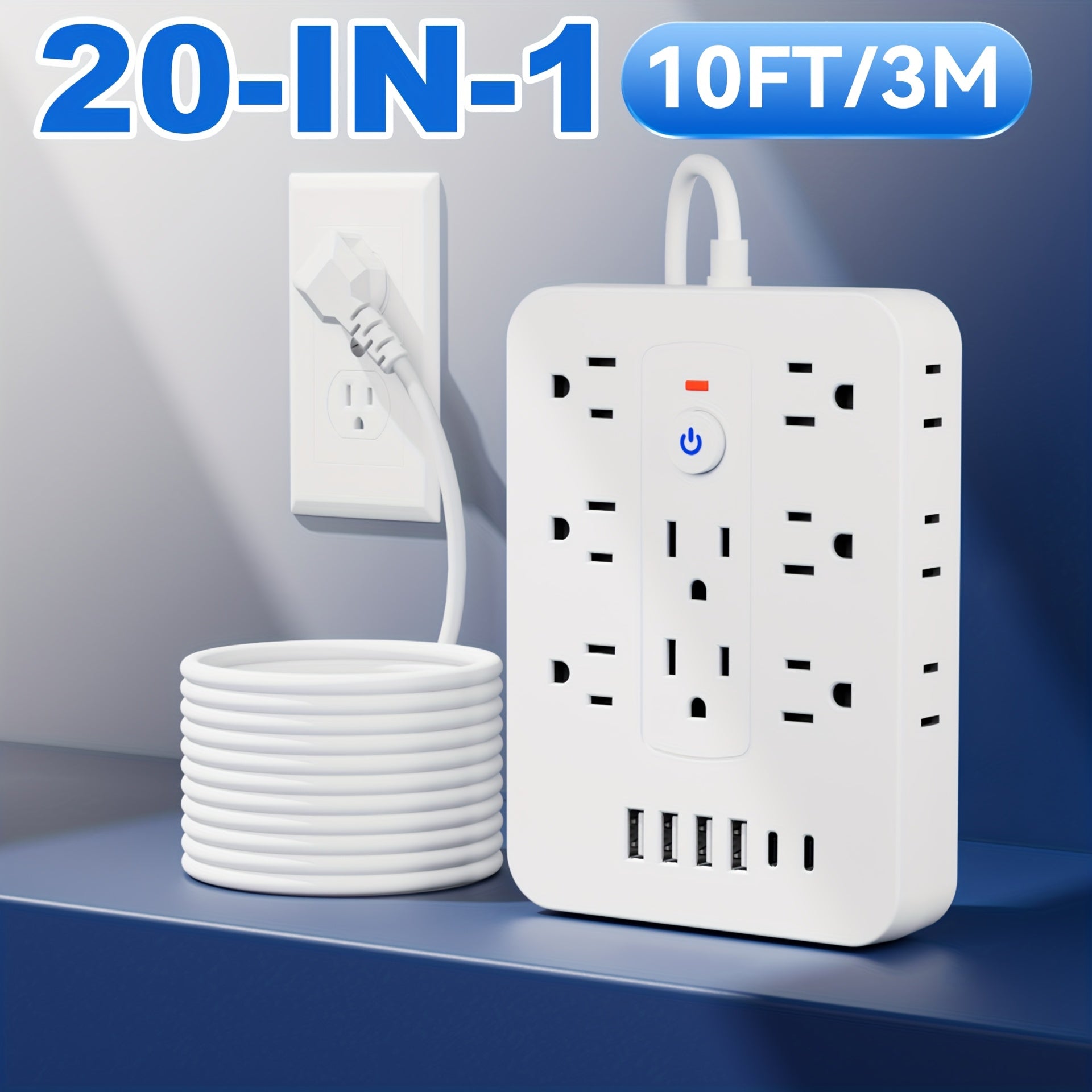 20in 1 power strip with surge protection, including 14 AC sockets, 6 USB ports (including 2 Type-C), overload protection, extension cord with USB ports, power board surge protector, USB wall plug with multiple sockets, multi