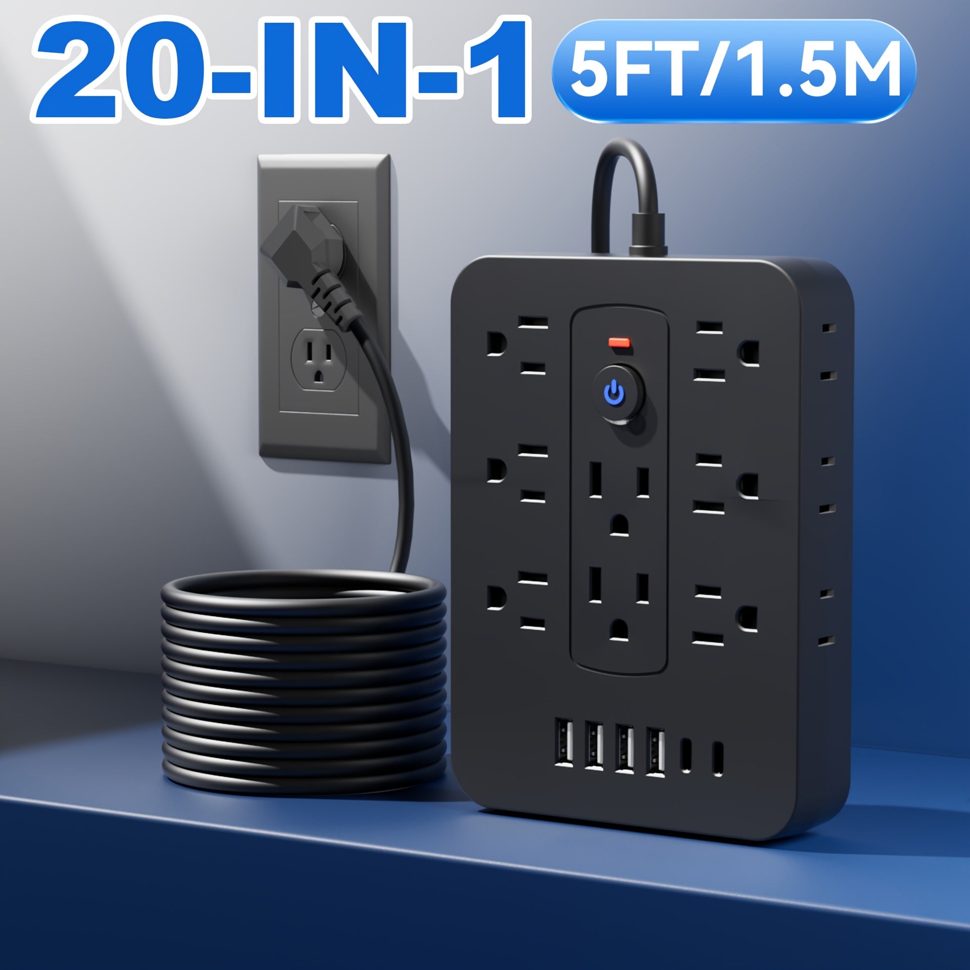 20in 1 power strip with surge protection, including 14 AC sockets, 6 USB ports (including 2 Type-C), overload protection, extension cord with USB ports, power board surge protector, USB wall plug with multiple sockets, multi