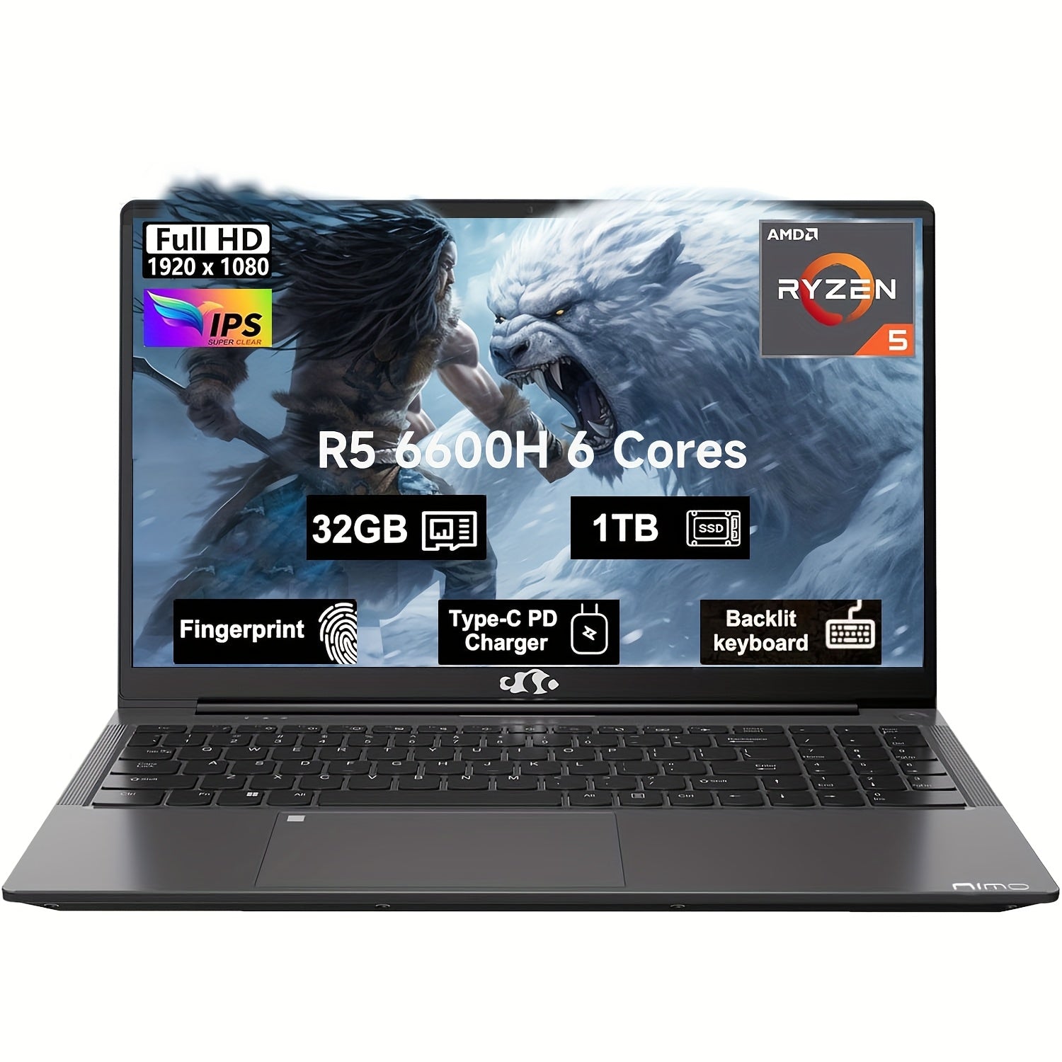 15.6 Gaming-Laptop, 6-Cores AMD Ryzen 5 6600H 660m 6nm GPU, 32GB DDR5 1TB SSD 100W Type-C FHD IPS Business-Laptop-Computer with Fingerprint Backlit Keyboard WiFi5