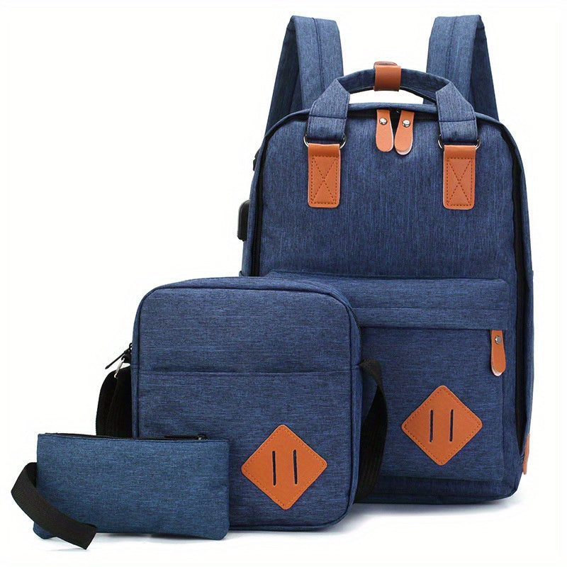 3-Pcs Business Travel Computer Bag, Fashionable Casual Multi-functional Large Capacity Shoulder Bag with USB Charging Port, Daily Commuting Simple Single Shoulder Crossbody Bag, Portable Travel Handbag/ Makeup Bag/ Headphone