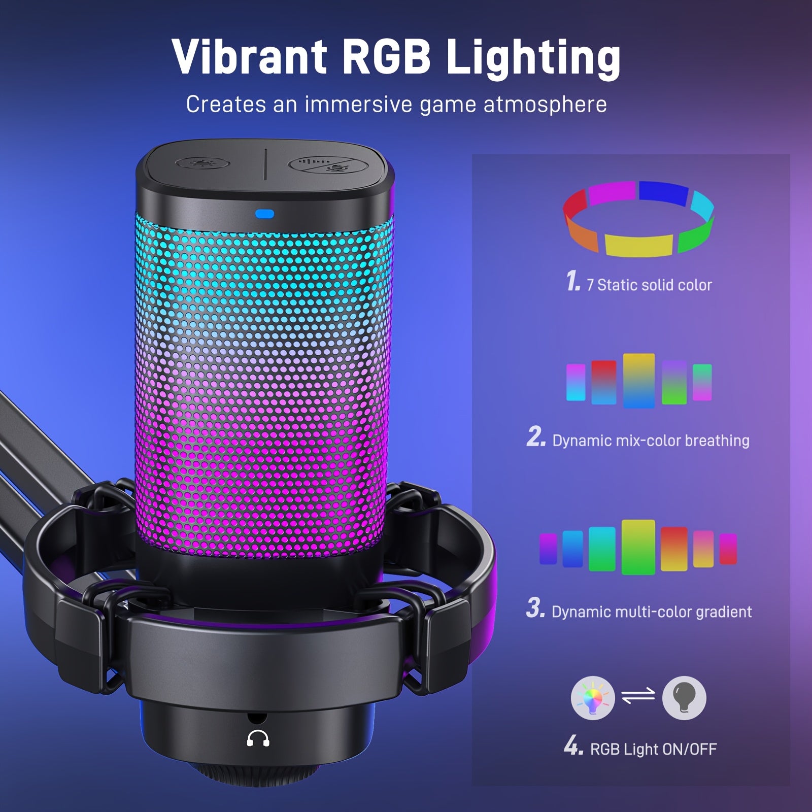 Gaming USB Microphone with RGB Lighting & Adjustable Boom Arm - Noise Cancelling PC/PS4/PS5 Mic, Mute Button & Gain Knob for Streaming, Podcasting, Discord, Twitch - USB-C Computer Accessory, Microphone for Pc, Sleek Mic Desi